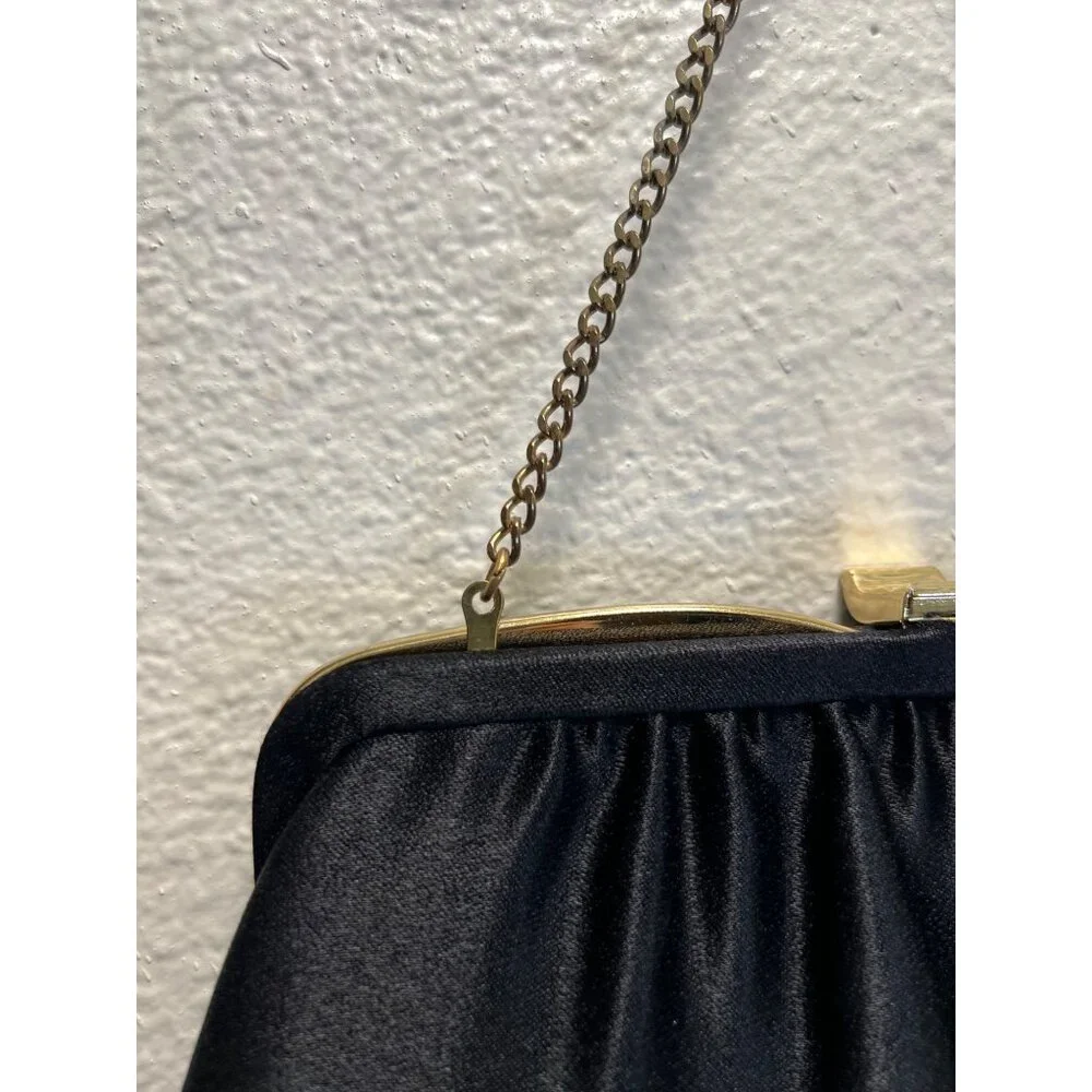 Vintage Black Satin Clutch Purse With Gold Chain Strap & Frame